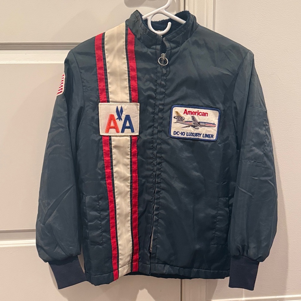 Vintage American Airlines Navy Bomber Jacket with Red and White Accents